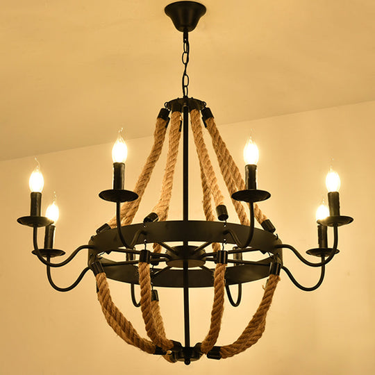 Circular Industrial Restaurant Chandelier With Hemp Rope In Black Iron Finish 8 / C