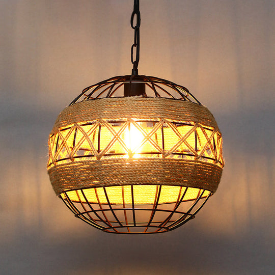 Industrial Geometric Hemp Rope Hanging Pendant Light - Single Ceiling In Black / Globe