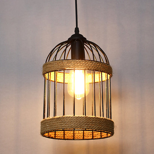 Industrial Geometric Hemp Rope Hanging Pendant Light - Single Ceiling In Black / Birdcage