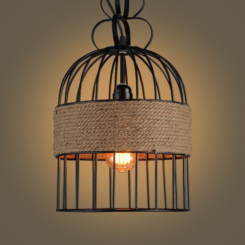 Black Vintage Birdcage Pendant Lamp With Hemp Rope