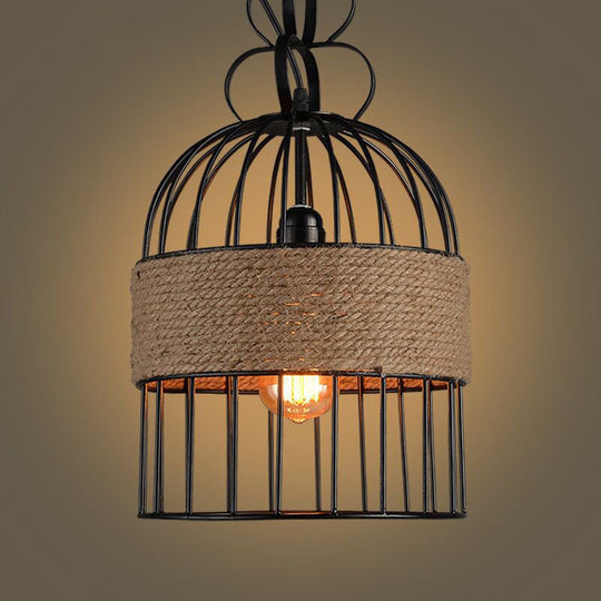 Black Vintage Birdcage Pendant Lamp With Hemp Rope