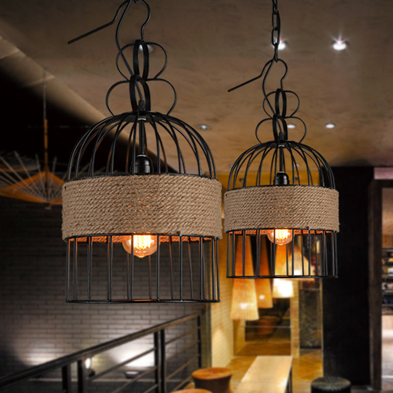 Black Vintage Birdcage Pendant Lamp With Hemp Rope