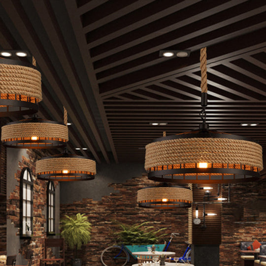 Hemp Rope Yurt Hanging Light - Rustic Pendant Fixture In Black