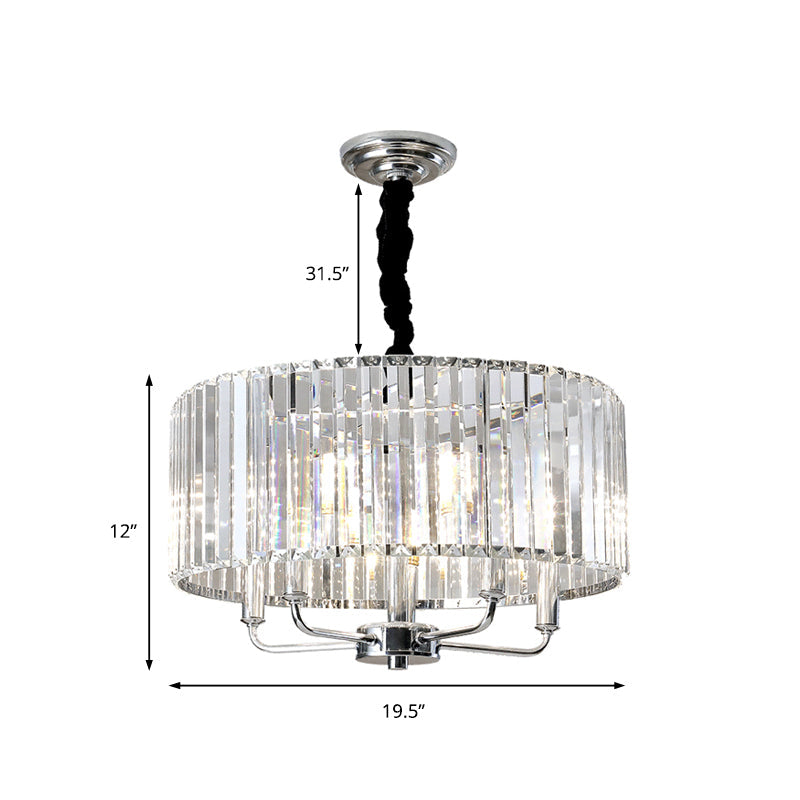 Modern Tri-Sided Glass Rod Drum Ceiling Light - 4-Light Chrome 19.5’’/23.5’’ Wide