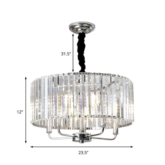 Modern Tri-Sided Glass Rod Drum Ceiling Light - 4-Light Chrome 19.5’’/23.5’’ Wide
