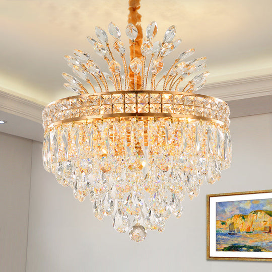 Tapered Chandelier Light With Modern Faceted Crystal 9 Lights Gold Finish – Ideal For Bedroom