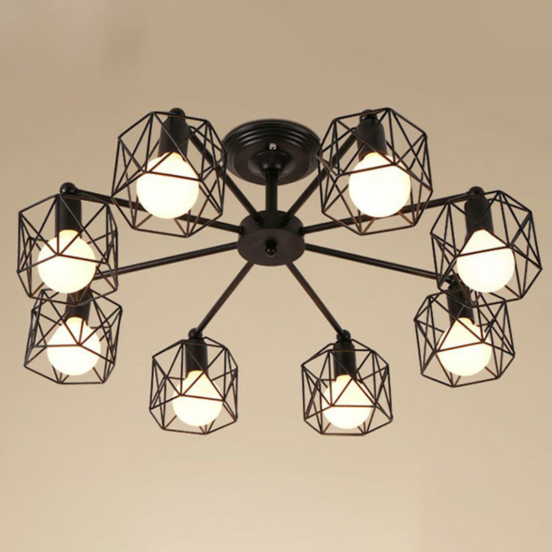 Retro Radial Iron Pendant Light With 8 Bulbs For Barbershop In Black / Polygon