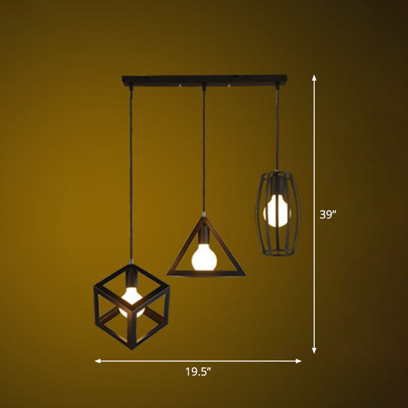 Retro Pendant Ceiling Light With Iron Frame - 3 Bulbs Multi Lamp Ideal For Restaurants Black /