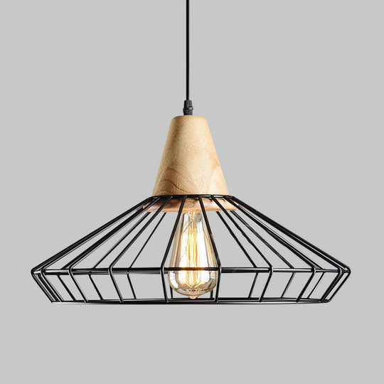 Antique Black Iron Pendant Light With Wooden Top - Rustic Hanging Fixture 1-Light