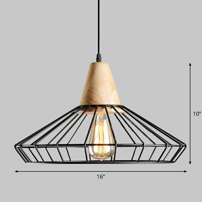 Antique Black Iron Pendant Light With Wooden Top - Rustic Hanging Fixture 1-Light / A