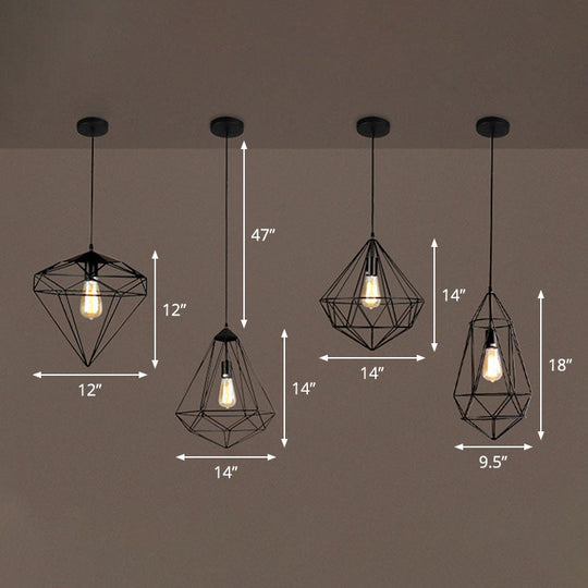 Retro Style Black Iron Gemstone Frame Pendant Ceiling Light For Restaurants - 1 Head Suspension
