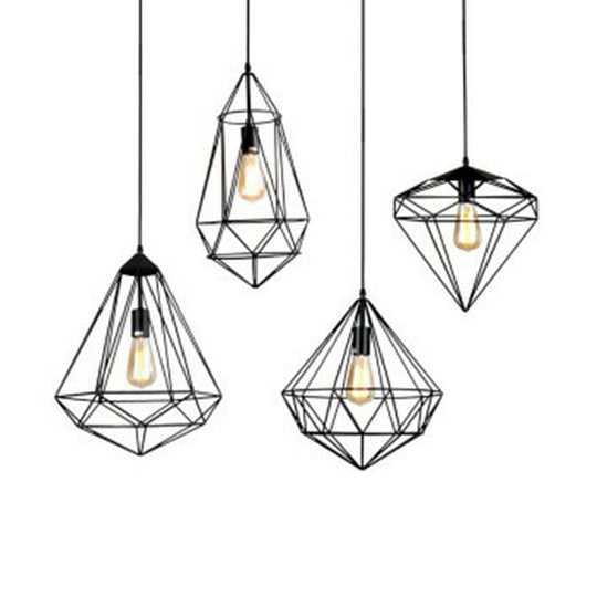 Retro Style Black Iron Gemstone Frame Pendant Ceiling Light For Restaurants - 1 Head Suspension