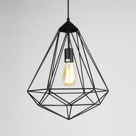 Retro Style Black Iron Gemstone Frame Pendant Ceiling Light For Restaurants - 1 Head Suspension