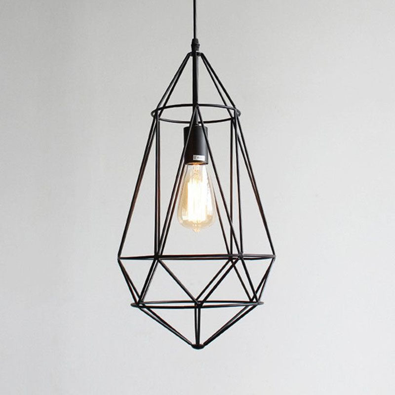 Retro Style Black Iron Gemstone Frame Pendant Ceiling Light For Restaurants - 1 Head Suspension