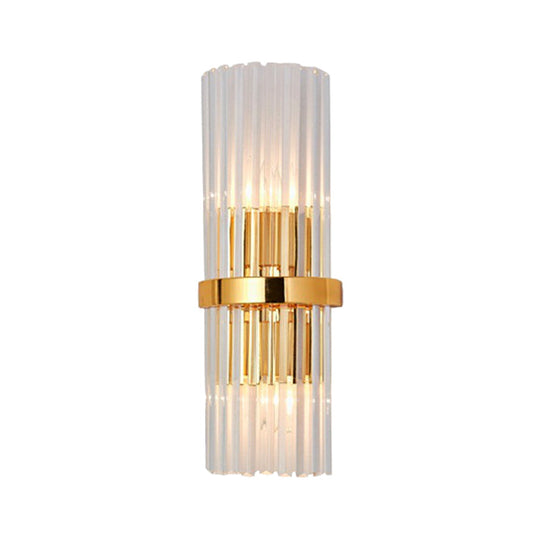 Modern Brass Finished Wall Mounted Sconce Lighting With Clear Crystal Shade - Set Of 2