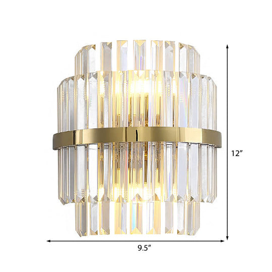Contemporary Clear Crystal Cylinder Wall Lamp With 2 Brass Bulbs For Bedroom Lighting
