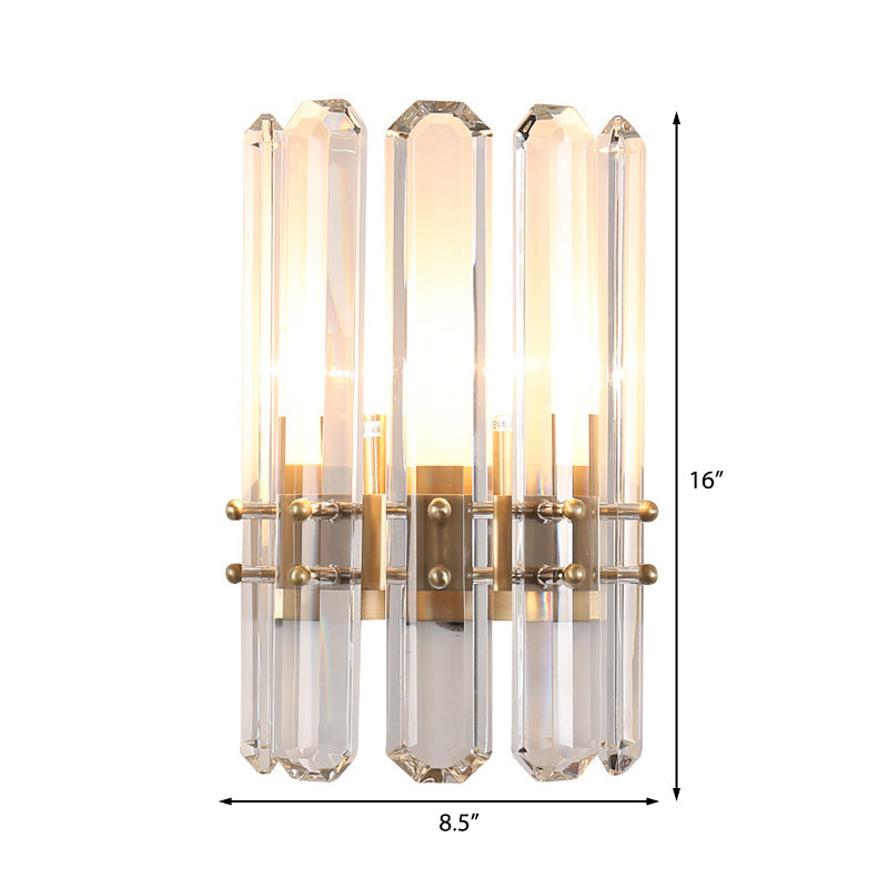 Modern Metal Cylinder Wall Sconce Light With Clear Crystal Prism Golden Finish 2 Bulbs Ideal For