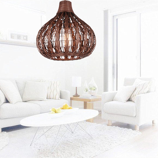 Shaded Onion Ceiling Light - Asian Style Rattan Restaurant Hanging Fixture Coffee