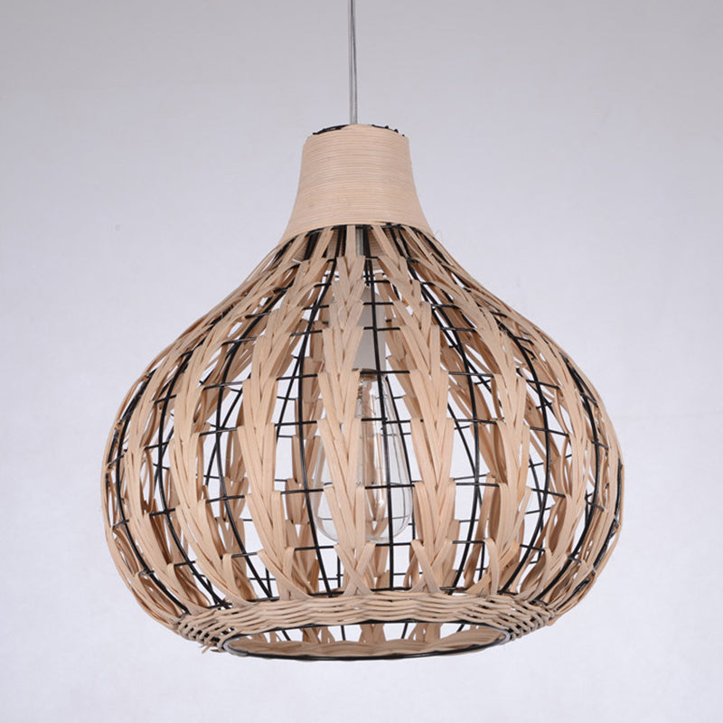 Shaded Onion Ceiling Light - Asian Style Rattan Restaurant Hanging Fixture