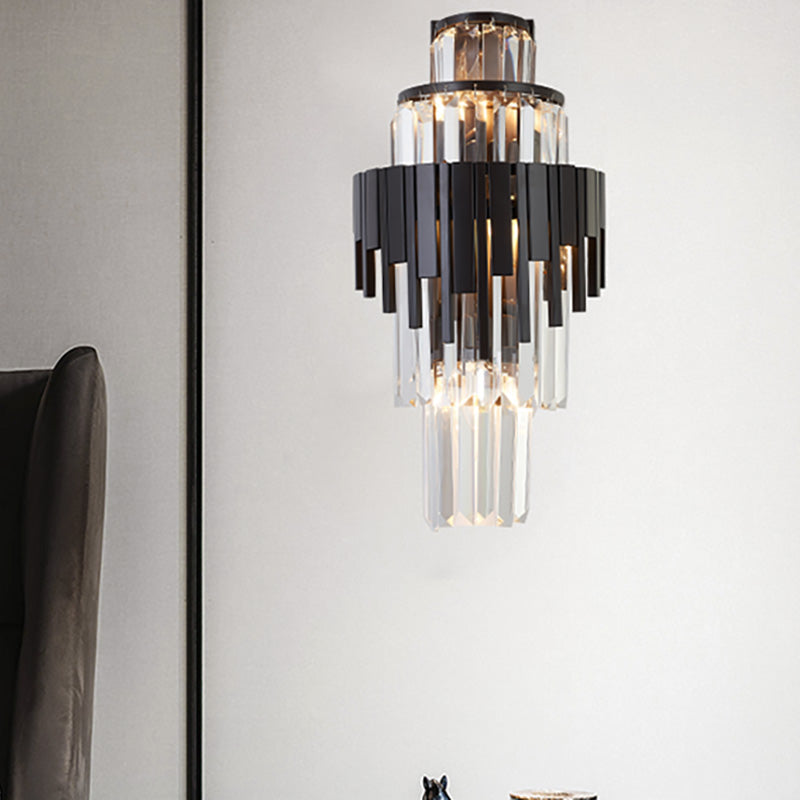 Modern Tiered Sconce Wall Lamp With Clear Crystal And Metal 3 Heads 14/19.5 Height