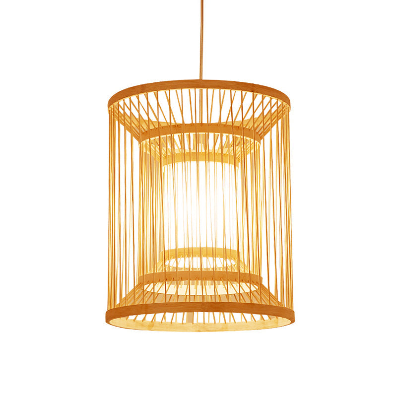 Simplicity Bamboo Tea Room Pendant Light: Cylindrical Suspension 1-Light Wood Fixture