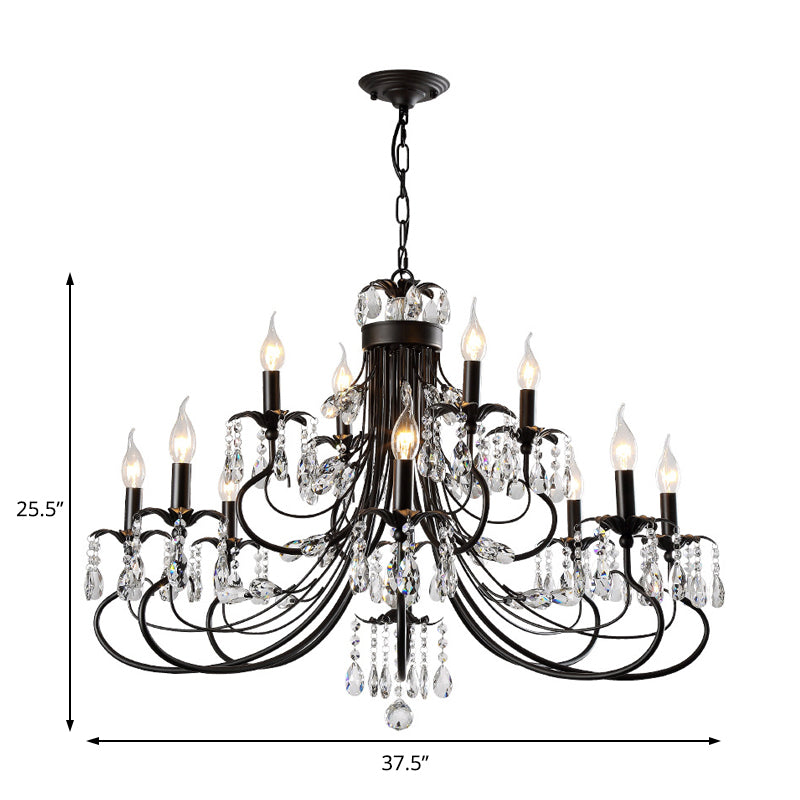 Traditional Iron Tiered Candle Chandelier Pendant With Crystal Drops - 6/8/12 Lights Black Hanging