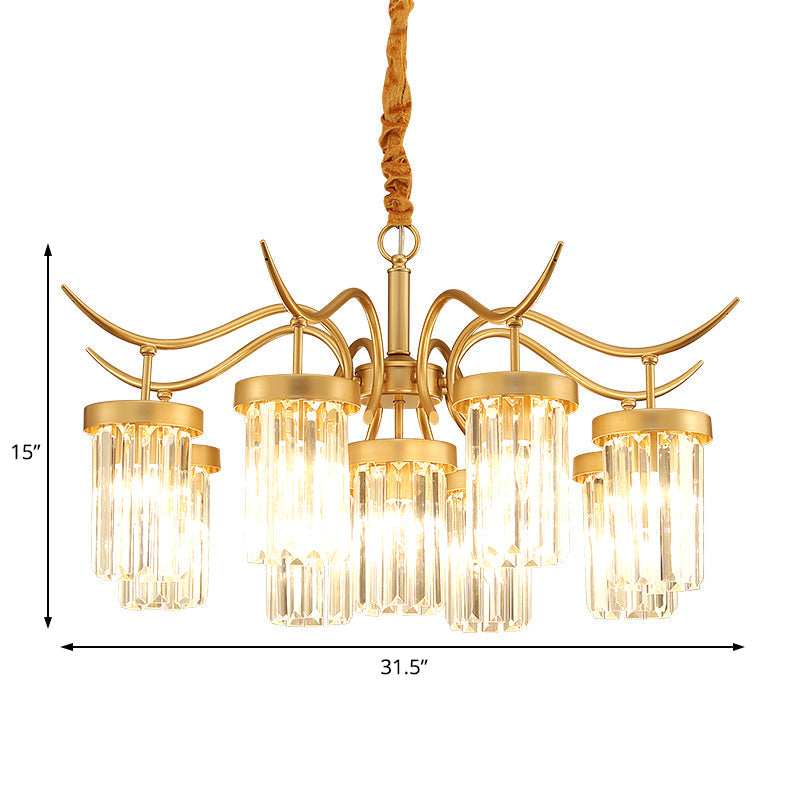 Modern Crystal Cylindrical Chandelier Light With Brass Finish - 7/9-Head Hanging Ceiling