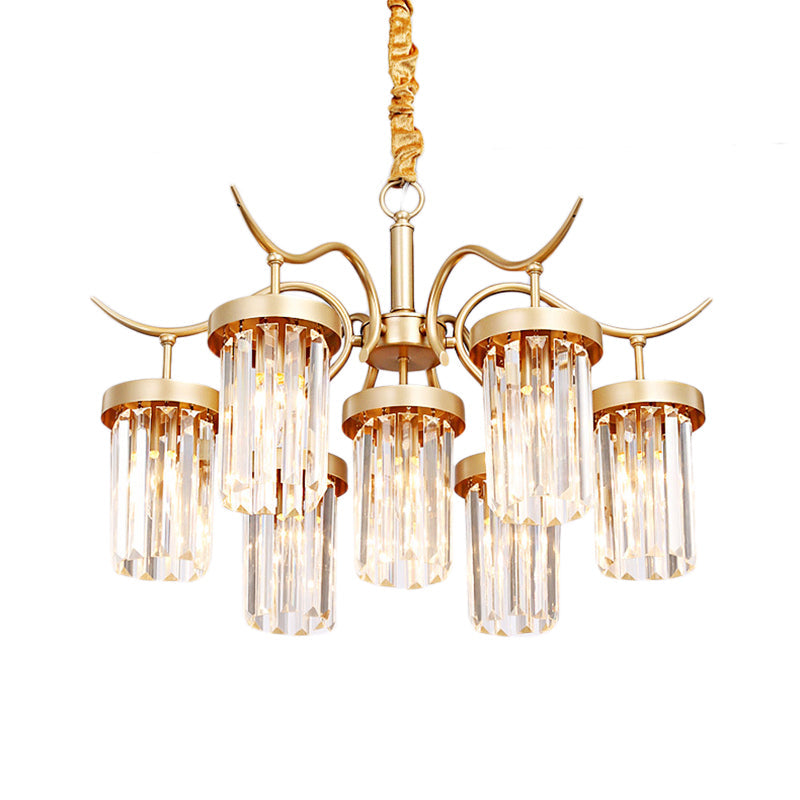 Modern Crystal Cylindrical Chandelier Light With Brass Finish - 7/9-Head Hanging Ceiling