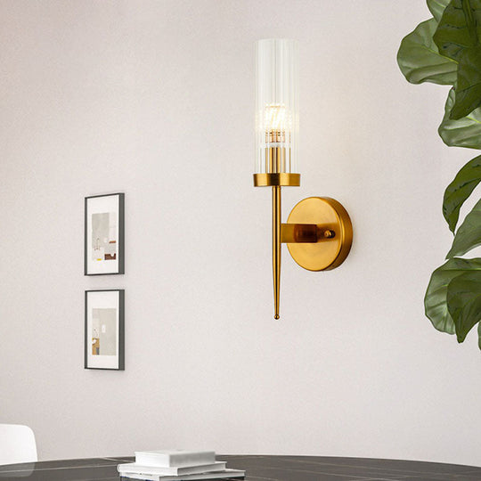 Postmodern Cylindrical Wall Mount Light In Gold With Clear Ribbed Glass - Perfect For Stairway