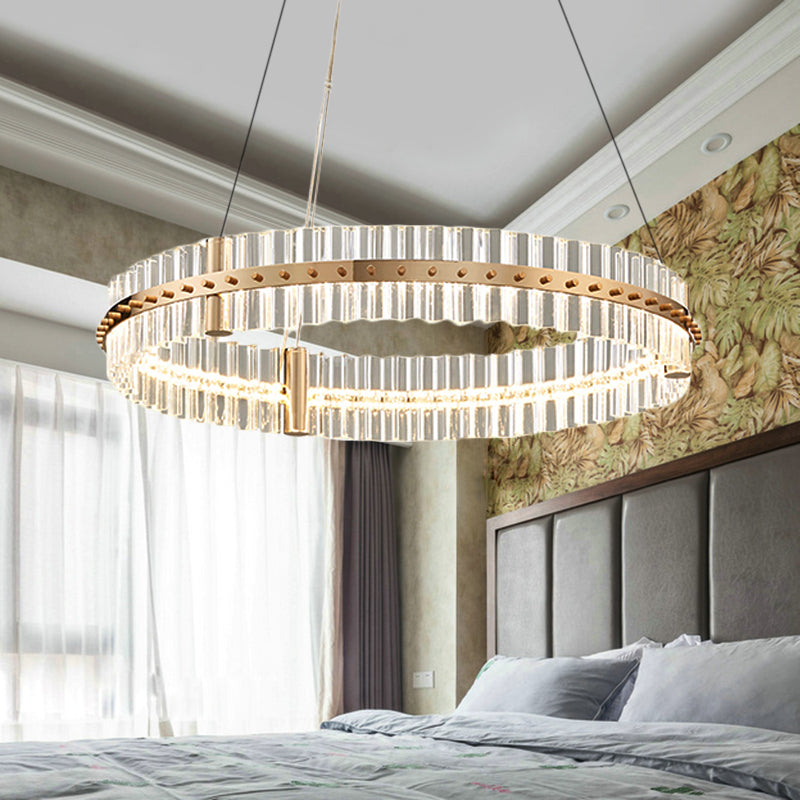 Golden Led Bedroom Pendant Light Kit With Minimalist Circular Clear Crystal Chandelier