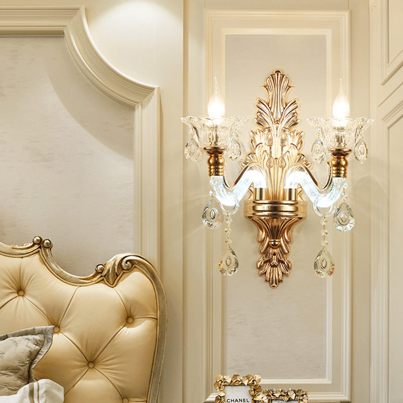 Modernist Style Floral Wall Sconce With Clear Crystal 1/2-Light Fixture - Gold Light For Living Room