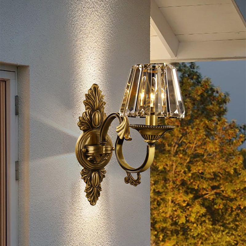 Contemporary Brass Porch Wall Lamp With Crystal Shade - 1 Bulb Lighting Fixture