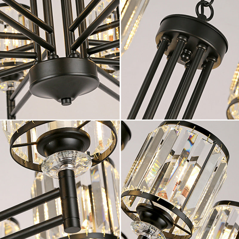 Retro Cylindrical Chandelier Pendant Light - Black Finish Crystal Accent Adjustable Chain 3/6/8