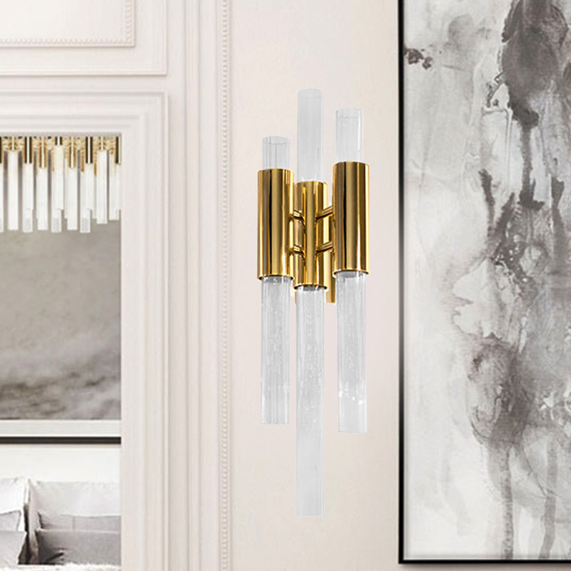 Minimalism Brass Pipe Sconce Light With Crystal Shade - 3 Lights Wall Mounted Fixture