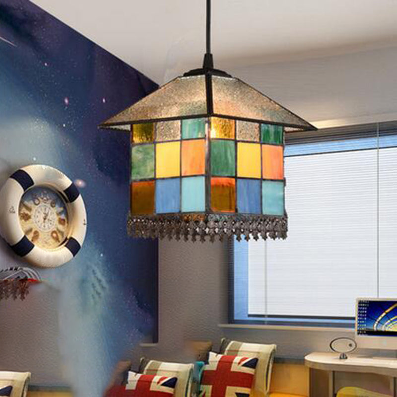 Vintage Stained Glass House Shade Pendant Ceiling Light With 1-Light Suspension Brown