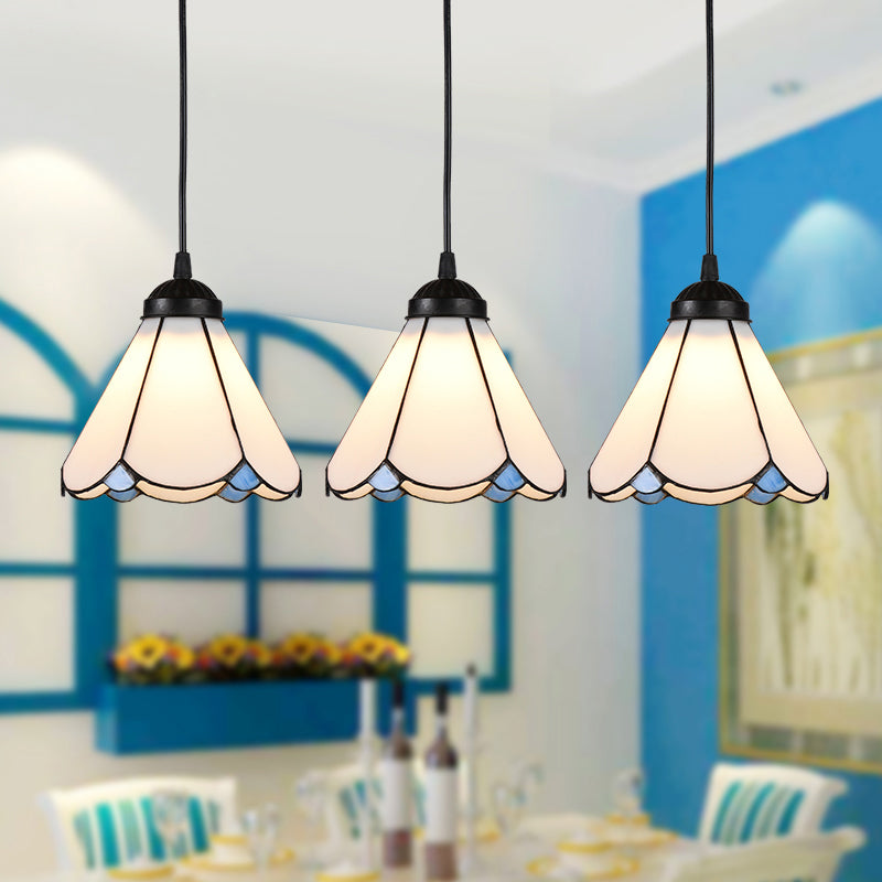 Cone Multi Ceiling Light With Scalloped Edge - Tiffany Style Suspension Lighting (3 Bulbs White