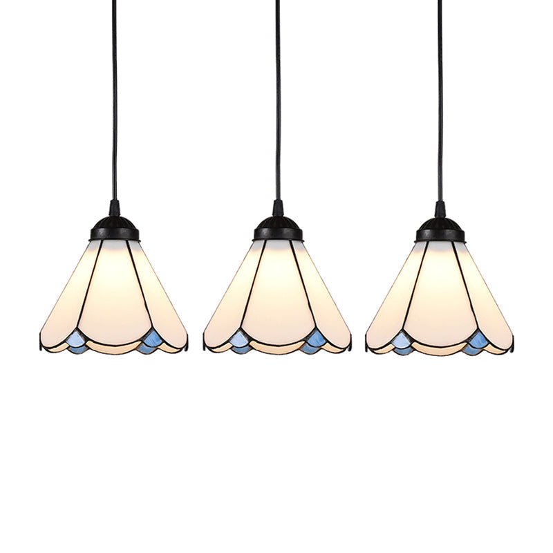 Cone Multi Ceiling Light With Scalloped Edge - Tiffany Style Suspension Lighting (3 Bulbs White