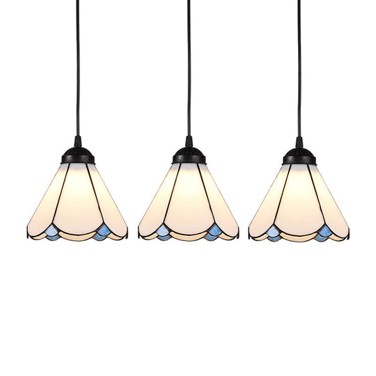 Cone Multi Ceiling Light With Scalloped Edge - Tiffany Style Suspension Lighting (3 Bulbs White