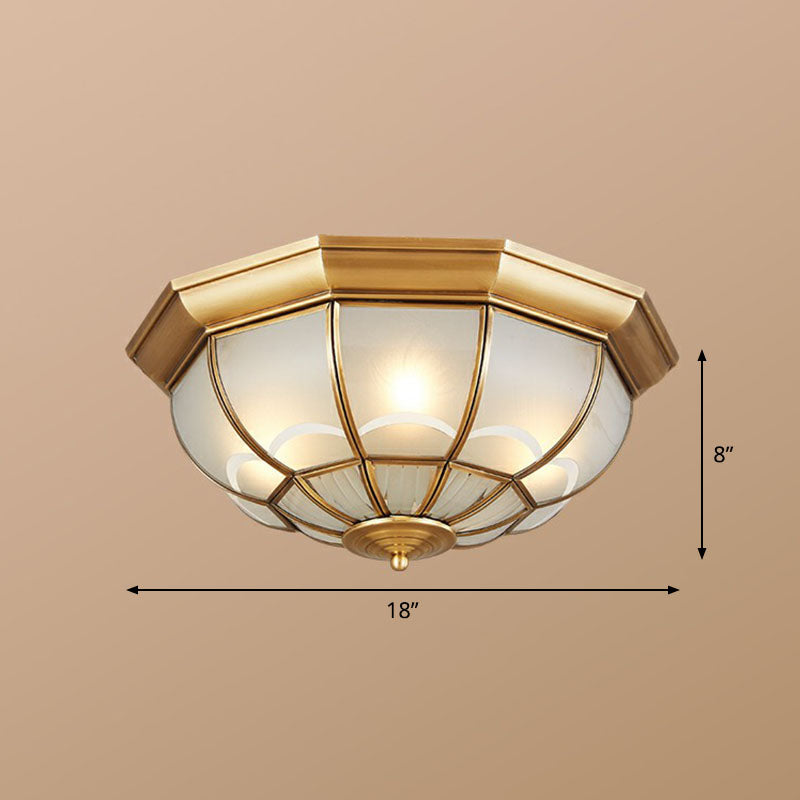 Brass Flush Mount Lamp With Frost Glass Dome Classic Bedroom Ceiling Lighting Fixture / 18
