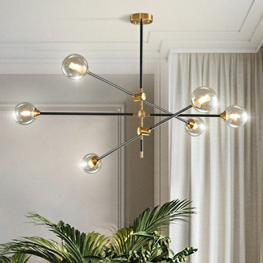 Minimalist Black-Brass Led Chandelier With Adjustable Arm - Ball Glass Suspension Light