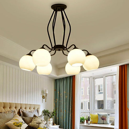 Traditional Black Semi Flush Ceiling Light Fixture With White Glass Shades - 3/6/8 Lights For