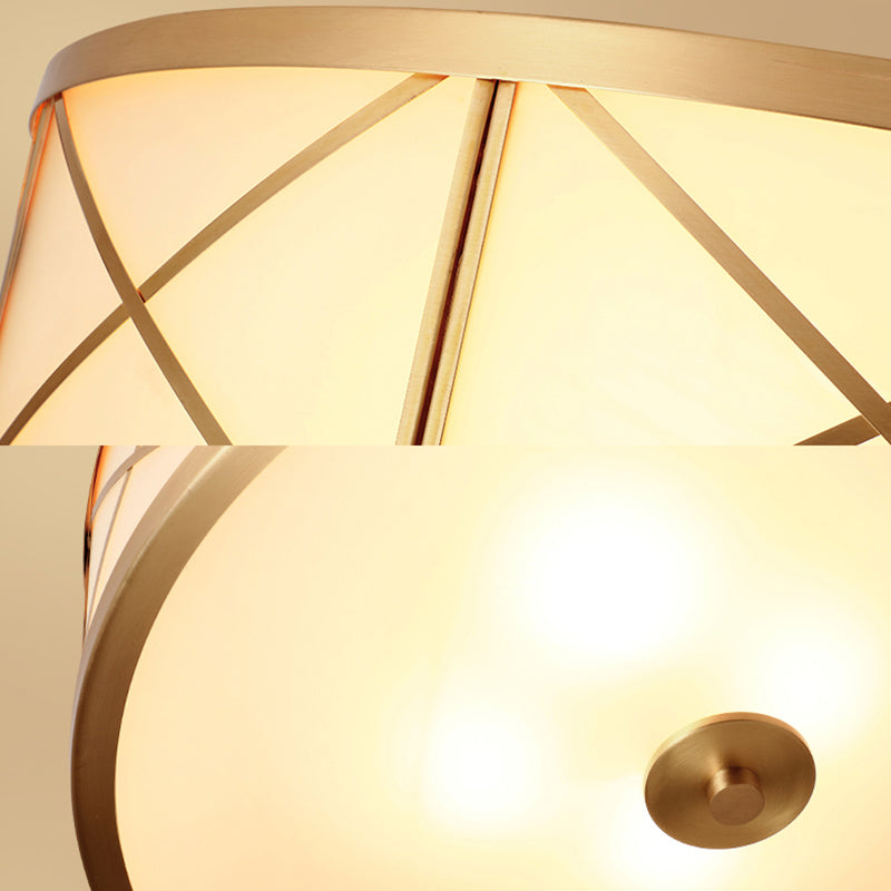 Traditional White Glass Drum Dining Room Flushmount Light With Brass Accent 4 Lights 11/14/18 W