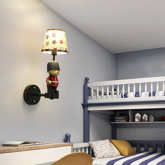 Kids Style Fabric Wall Sconce - Empire Shade Single Black Mount Light With Trooper Deco