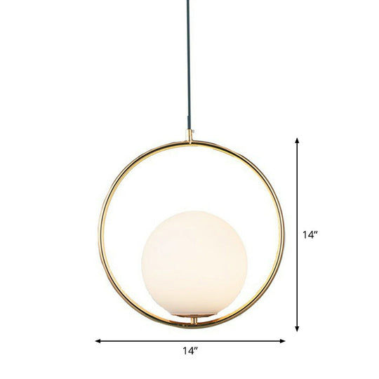 White Glass Hanging Lamp With Brass Metal Ring - Post-Modern Pendant Light / 14