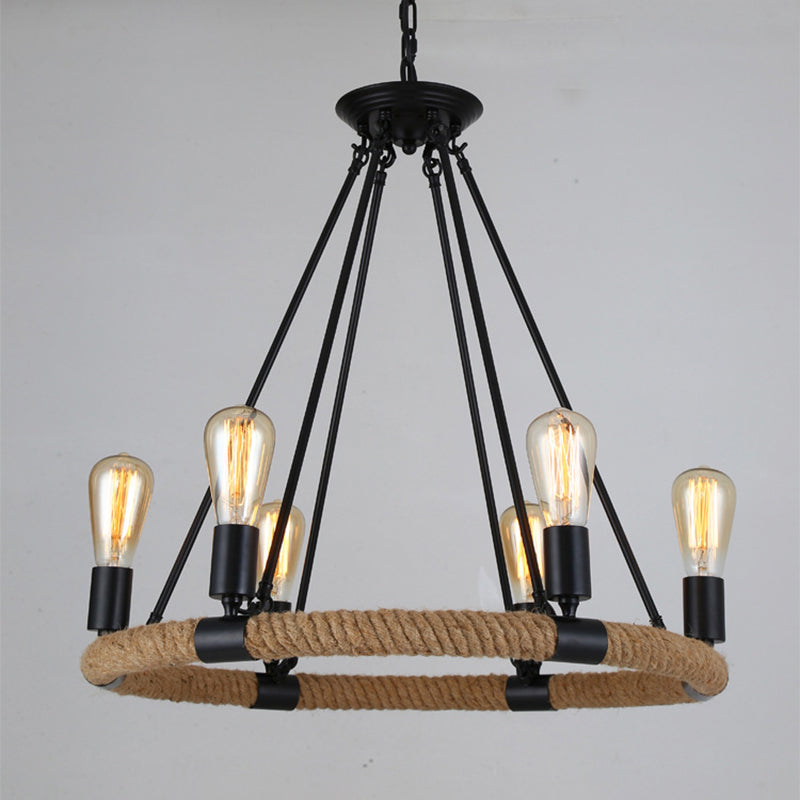 Country Hemp Rope Loop Chandelier - Hanging Ceiling Light In Black For Restaurants
This Revised