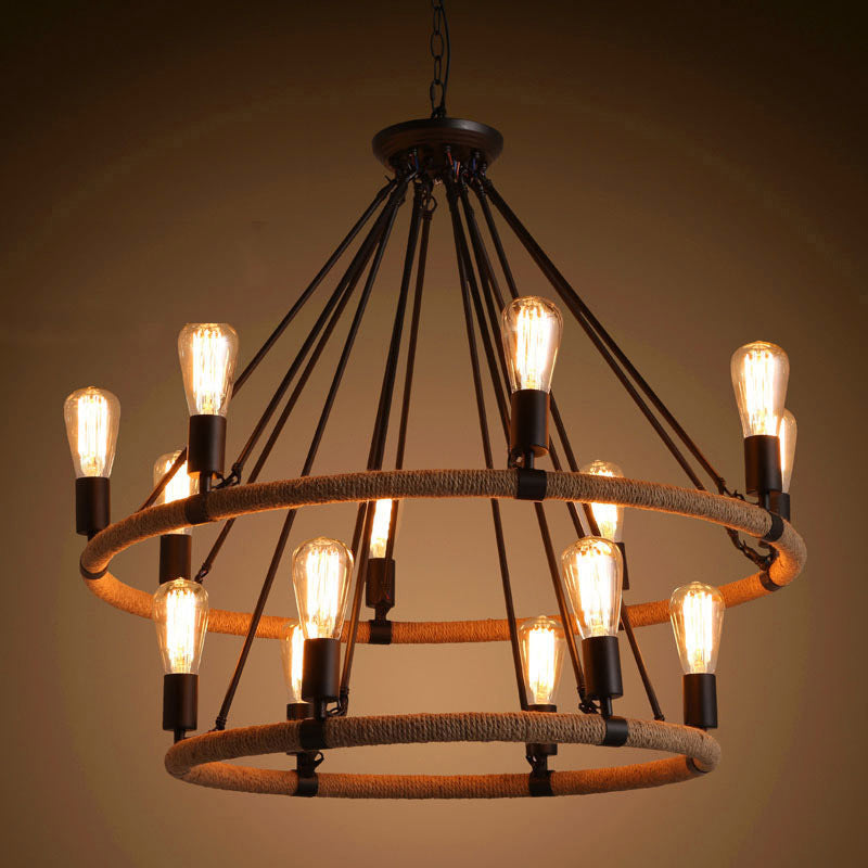 Country Hemp Rope Loop Chandelier - Hanging Ceiling Light In Black For Restaurants
This Revised