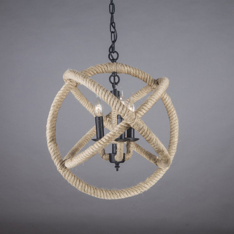 Globe Pendant Chandelier With Hemp Rope Accent - White Orbit Design 3-Bulb Ceiling Light For