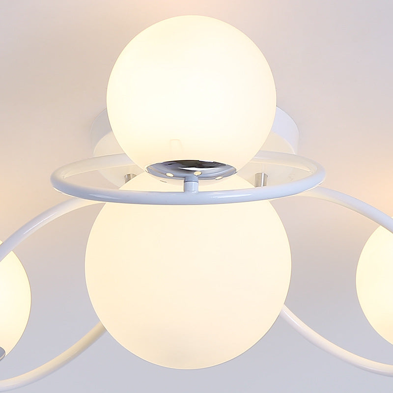 Classic 4-Light Opal Glass Semi-Flush Ceiling Fixture In Black/White For Living Room