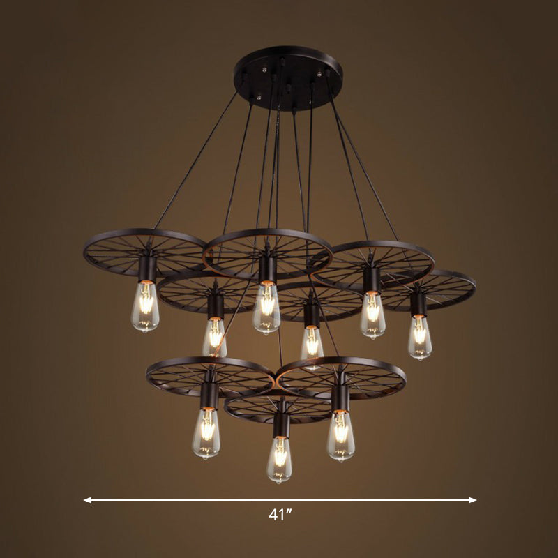 Wagon Wheel Cast Iron Chandelier Pendant Light For Dining Room - Loft Style 9 / Black