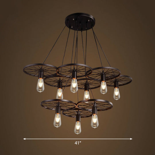 Wagon Wheel Cast Iron Chandelier Pendant Light For Dining Room - Loft Style 9 / Black